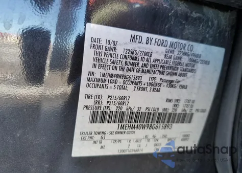 2008 Mercury Sable Luxury from USA, damaged, VIN 1MEHM40W98G615893